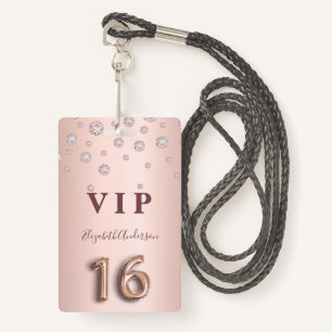 16th birthday rose gold pink diamonds balloon font ID badge