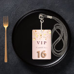16th birthday rose gold pink stars balloon script ID badge<br><div class="desc">A modern, stylish and glamourous badge for a girl's Sweet 16th birthday party. A faux rose gold and pink metallic looking background with faux gold stars. The name is written with a modern dark rose gold coloured hand lettered style script. With the text: VIP Number 16 is written with a...</div>