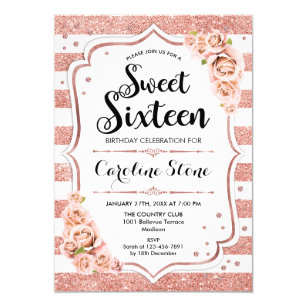 16th Birthday - Rose Gold White Stripes Floral Invitation
