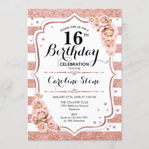 16th Birthday -  Rose Gold White Stripes Invitation