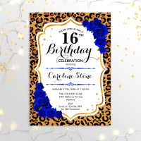 16th Birthday - Royal Blue Gold Leopard Print