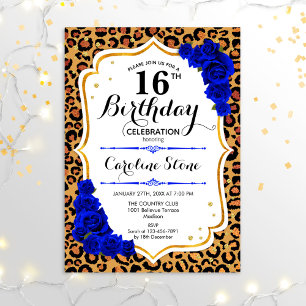 16th Birthday - Royal Blue Gold Leopard Print Invitation