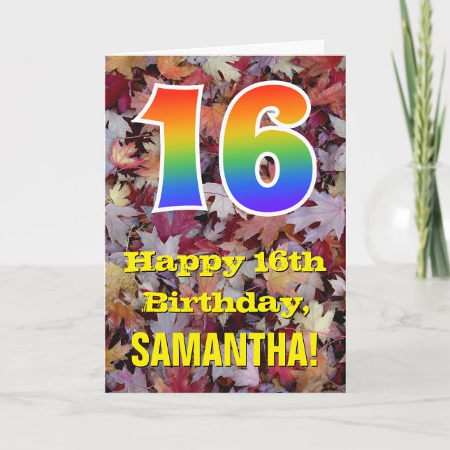 16th Birthday; Rustic Autumn Leaves; Rainbow "16" Card (Front)
