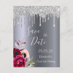 16th birthday silver glitter drips Save the Date Postcard