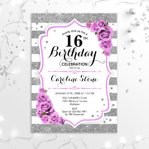 16th Birthday - Silver White Stripes Purple Roses Invitation