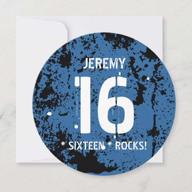 16th Birthday Sixteen Rocks BLUE Grunge F16Z Invitation (Front)