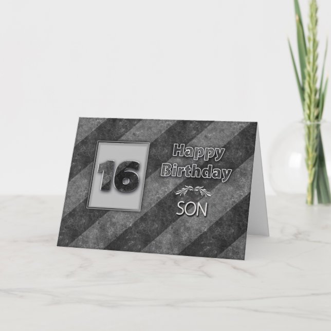 16th BIRTHDAY, Son, Grunge Grey Stripes Card (Front)