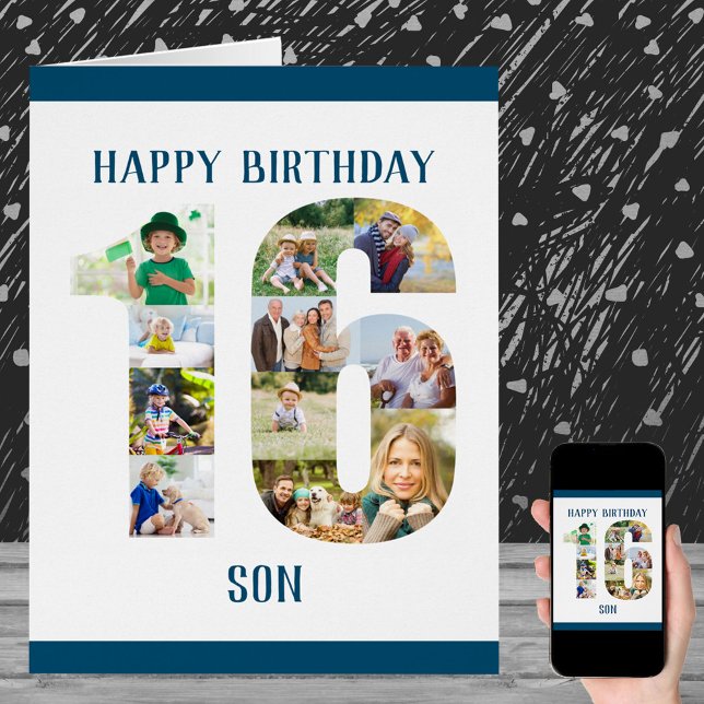 16th Birthday Son Number 16 Photo Collage Big Card (Creator Uploaded)