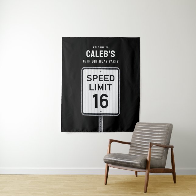 16th Birthday Speed Limit Backdrop Tapestry (In Situ)