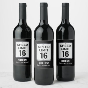 16th Birthday Speed Limit Black and White Sign Wine Label