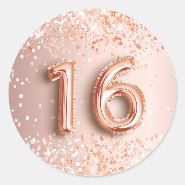 16th birthday sweet 16 blush rose gold glitter classic round sticker (Front)