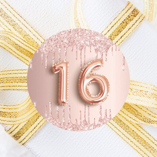 16th birthday sweet 16 blush rose gold glitter classic round sticker (Creator Uploaded)