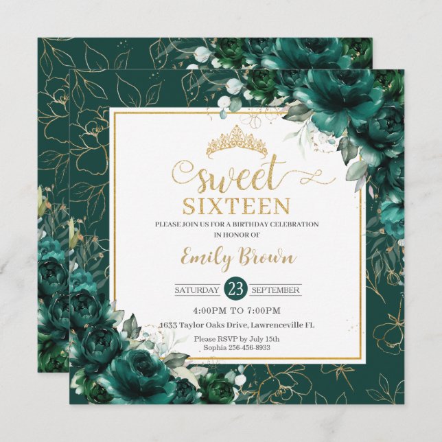 16th Birthday Sweet 16 Emerald Green Floral Gold Invitation (Front/Back)
