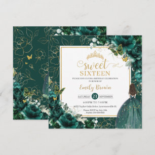 16th Birthday Sweet 16 Emerald Green Floral Invita Invitation