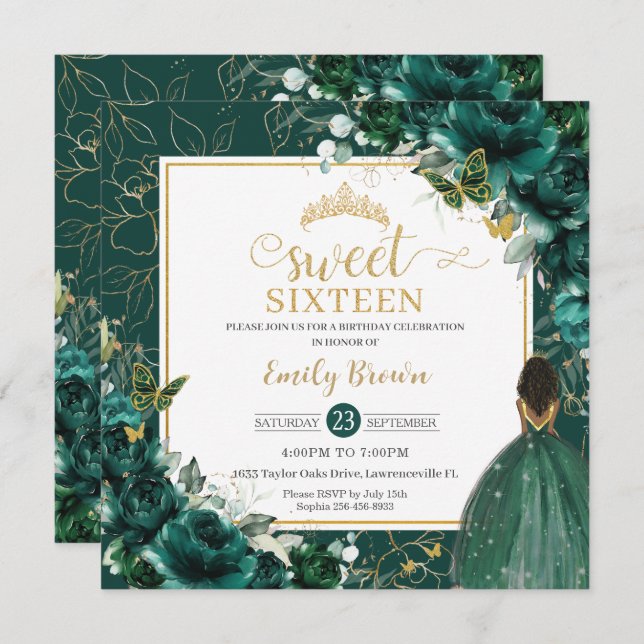 16th Birthday Sweet 16 Emerald Green Floral Invitation (Front/Back)