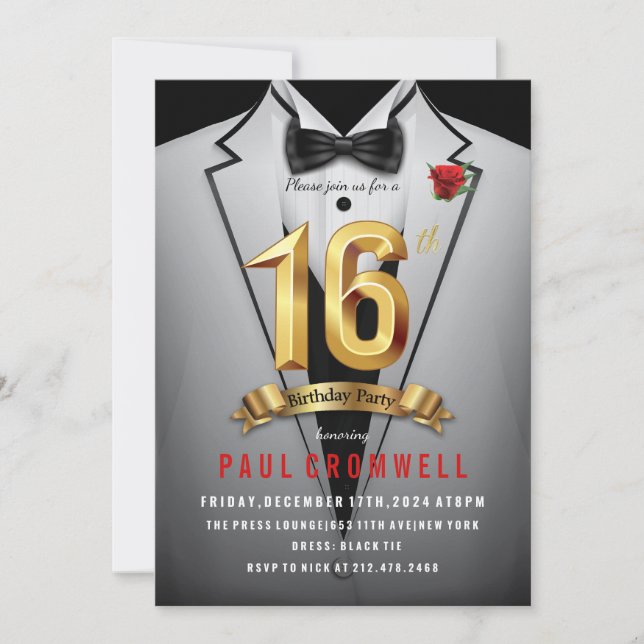 16th Birthday Sweet 16 Tuxedo  Invitation (Front)