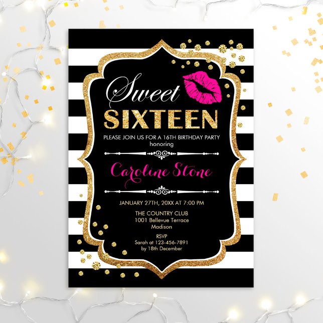 16th Birthday - Sweet Sixteen Black Pink Gold Invitation (Creator Uploaded)