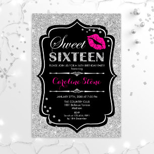 16th Birthday - Sweet Sixteen Black Pink Silver Invitation