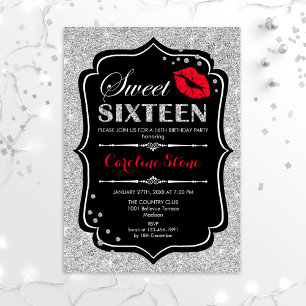 16th Birthday - Sweet Sixteen Black Red Silver Invitation
