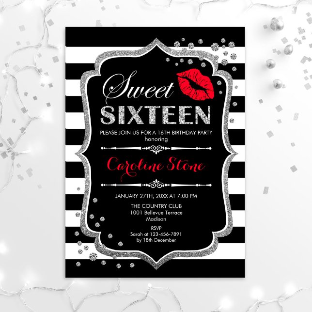 16th Birthday - Sweet Sixteen Black Red Silver Invitation (Creator Uploaded)
