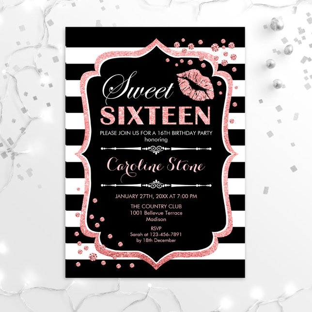16th Birthday - Sweet Sixteen Black Rose Gold Invitation (Creator Uploaded)
