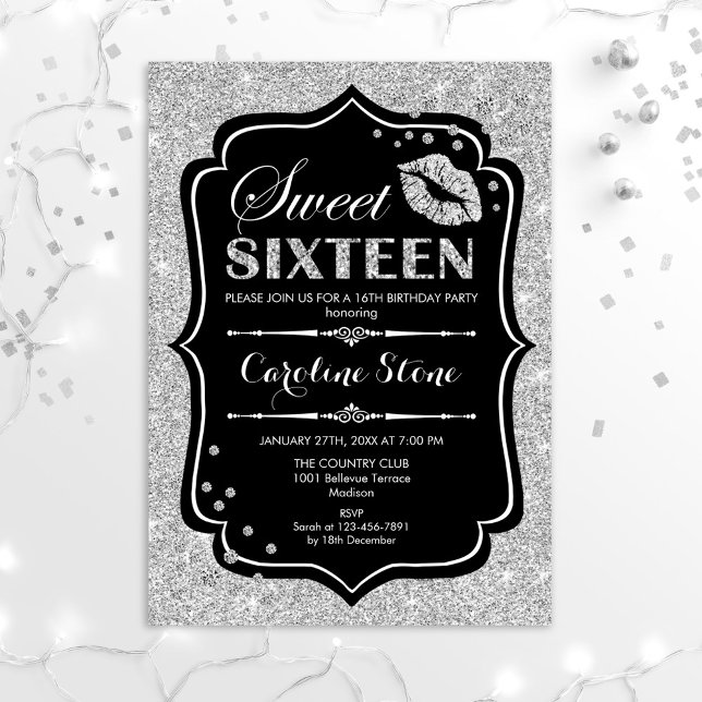 16th Birthday - Sweet Sixteen Black Silver Invitation (Creator Uploaded)