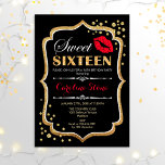 16th Birthday - Sweet Sixteen Gold Black Red Invitation<br><div class="desc">Sweet Sixteen Birthday Invitation.
Elegant black white design with faux glitter gold. Features red lips kiss,  confetti and script font. Perfect for a stylish 16th birthday party. Message me if you need further customization.</div>