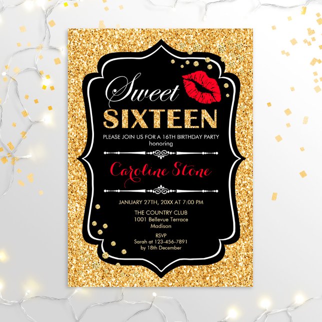 16th Birthday - Sweet Sixteen Gold Black Red Invitation (Creator Uploaded)