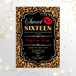16th Birthday - Sweet Sixteen Leopard Print Red Invitation