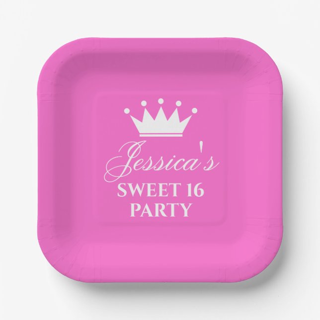 16Th Birthday sweet sixteen party hot pink custom Paper Plate (Front)