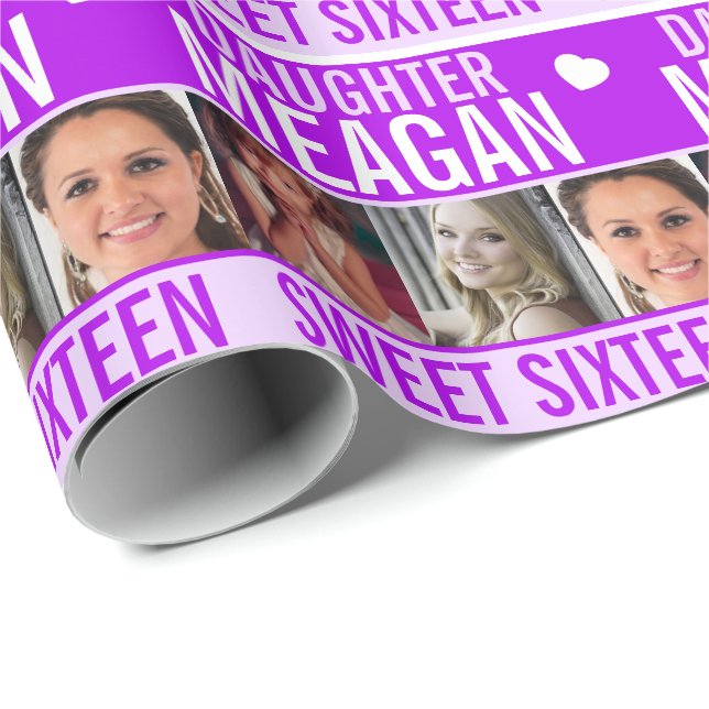 16th birthday three photos purple daughter wrapping paper (Roll Corner)