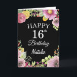 16th Birthday Watercolor Floral Flowers Black Card<br><div class="desc">16th Birthday Watercolor Floral Flowers Black Card with personalised name and age. For further customisation,  please click the "Customise it" button and use our design tool to modify this template.</div>