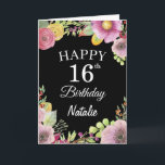 16th Birthday Watercolor Floral Flowers Black Card<br><div class="desc">16th Birthday Watercolor Floral Flowers Black Card with personalised name and age. For further customisation,  please click the "Customise it" button and use our design tool to modify this template.</div>