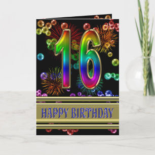 16th Birthday with rainbow bubbles and fireworks Card