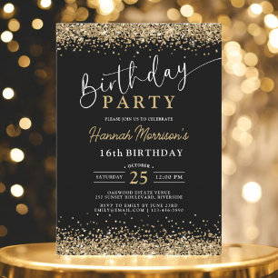 16th Black Gold Glitter Any Age Birthday  Invitation