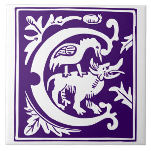 16th Century Mythic Creatures Decorative Capital C Ceramic Tile