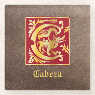 16th Century Mythic Creatures Decorative Capital C Glass Coaster