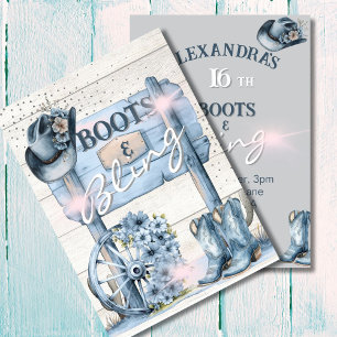16th Cowgirl Boots Bling Western Pink Blue Invitation