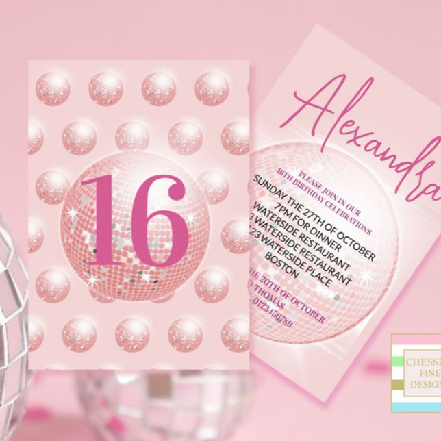 16th Disco Ball Modern Pink Birthday Invitation (Creator Uploaded)