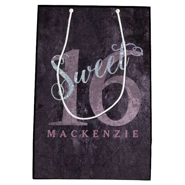 16th Dusty Pink Rose | Sweet 16 Silver Glitter | Medium Gift Bag (Back)