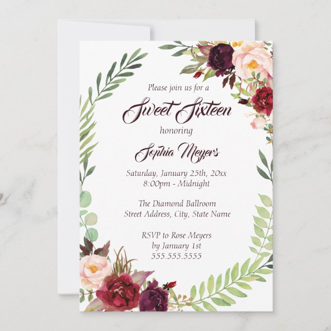16th Floral Wreath Burgundy Sweet Sixteen Invitation (Front)