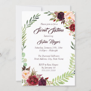16th Floral Wreath Burgundy Sweet Sixteen Invitation