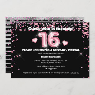 16th foil glitter pink silver black heart sparkle invitation
