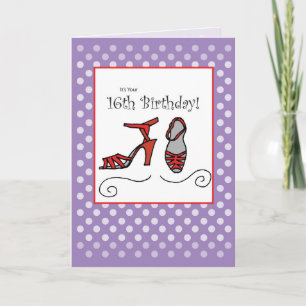 16th Girl Birthday Card,  Shoes, Purple Polka Dots Card