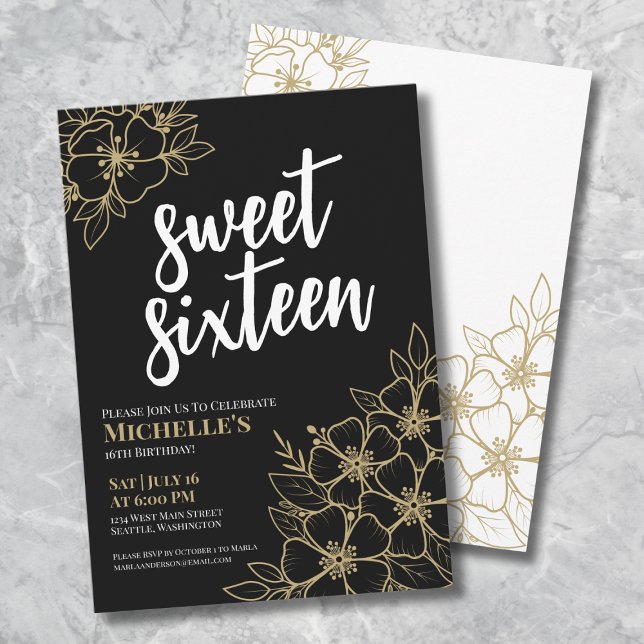 16th Gold Floral Sweet Sixteen Birthday Invitation (16th Black Gold Floral Sweet Sixteen Birthday Invitation)