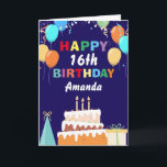 16th Happy Birthday Balloons Cake Navy Blue Card<br><div class="desc">16th Happy Birthday Colourful Balloons Cake Navy Blue with personalised name. For further customisation,  please click the "Customise it" button and use our design tool to modify this template.</div>