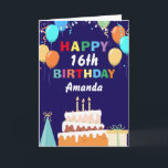 16th Happy Birthday Balloons Cake Navy Blue Card<br><div class="desc">16th Happy Birthday Colourful Balloons Cake Navy Blue with personalised name. For further customisation,  please click the "Customise it" button and use our design tool to modify this template.</div>