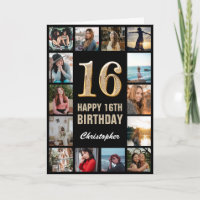 16th Happy Birthday Black and Gold Photo Collage