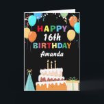 16th Happy Birthday Colourful Balloons Cake Black Card<br><div class="desc">16th Happy Birthday Colourful Balloons Cake Black with personalised name. For further customisation,  please click the "Customise it" button and use our design tool to modify this template.</div>