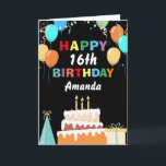 16th Happy Birthday Colourful Balloons Cake Black Card<br><div class="desc">16th Happy Birthday Colourful Balloons Cake Black with personalised name. For further customisation,  please click the "Customise it" button and use our design tool to modify this template.</div>